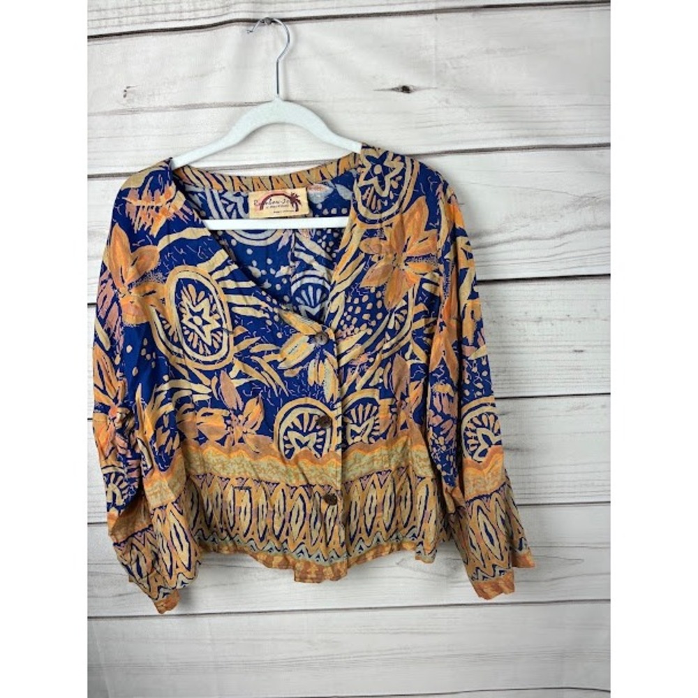 Rainbow Jo Maui Hawaii Rayon Batik Tropical Blouse Blue Orange Size M